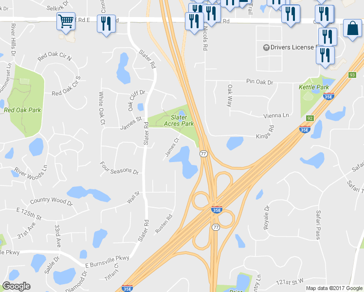 map of restaurants, bars, coffee shops, grocery stores, and more near 2210 James Court in Eagan
