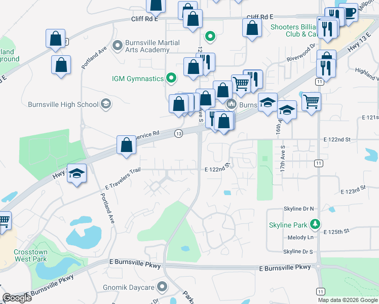 map of restaurants, bars, coffee shops, grocery stores, and more near 12312 Parkwood Drive in Burnsville