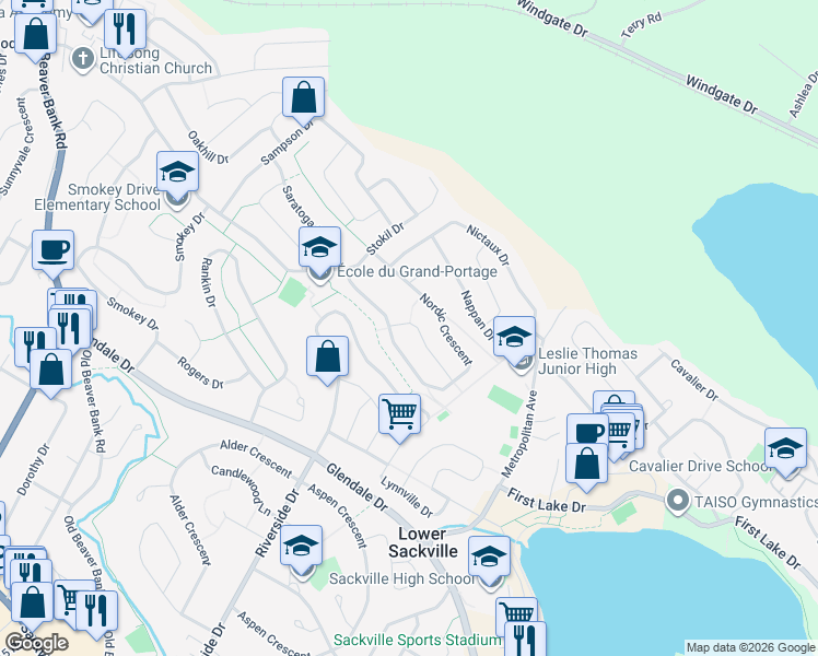 map of restaurants, bars, coffee shops, grocery stores, and more near 17 Neily Drive in Lower Sackville
