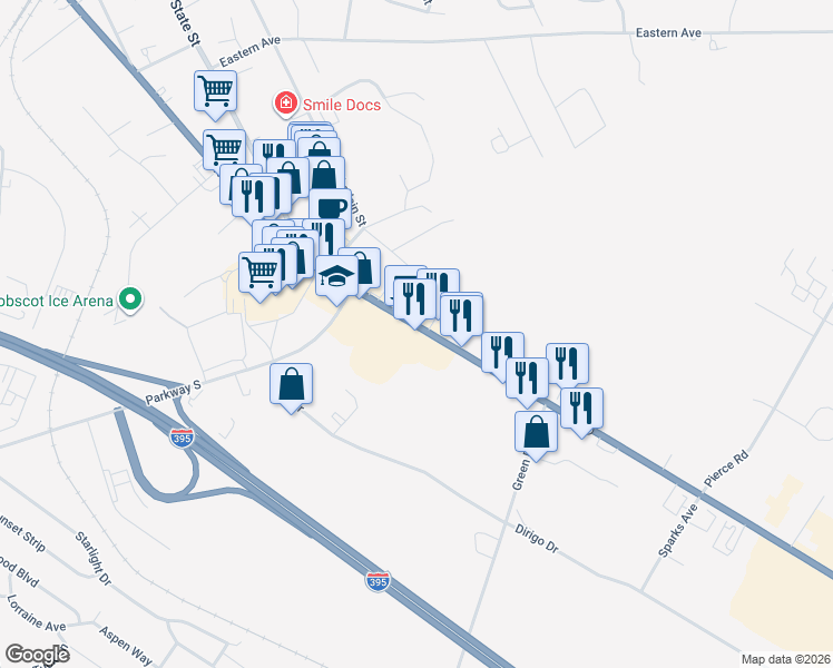 map of restaurants, bars, coffee shops, grocery stores, and more near 457 Wilson St in Brewer