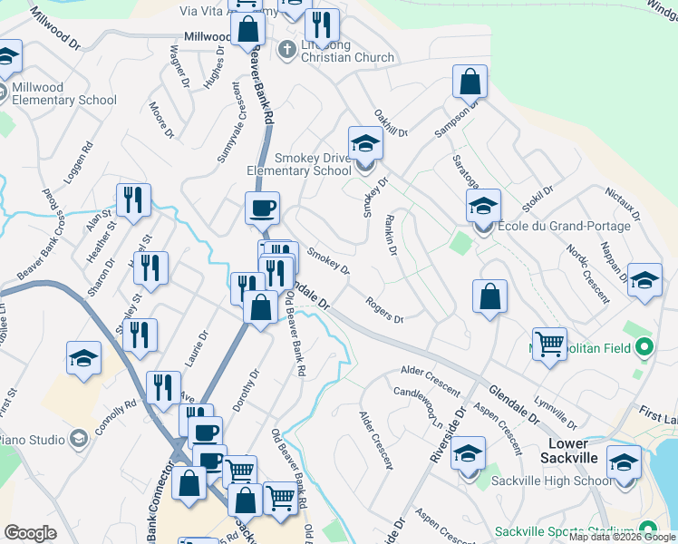 map of restaurants, bars, coffee shops, grocery stores, and more near 35 Smokey Drive in Lower Sackville