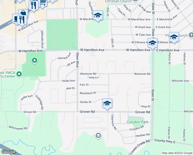 map of restaurants, bars, coffee shops, grocery stores, and more near 656 Amy Lane in Eau Claire