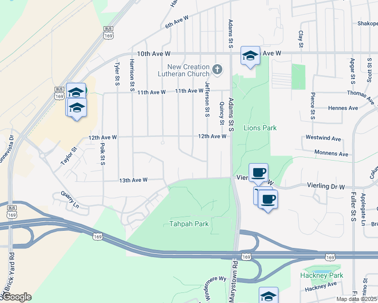 map of restaurants, bars, coffee shops, grocery stores, and more near 1232 Madison Street South in Shakopee