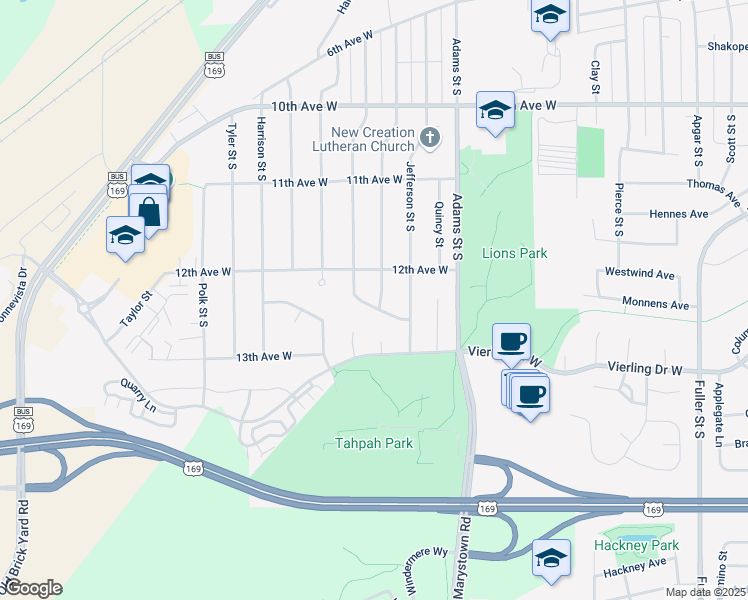 map of restaurants, bars, coffee shops, grocery stores, and more near 1232 Madison Street South in Shakopee