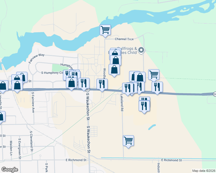 map of restaurants, bars, coffee shops, grocery stores, and more near 1207 E Green Bay St in Shawano