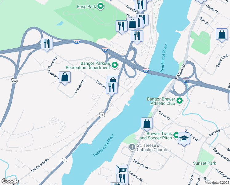 map of restaurants, bars, coffee shops, grocery stores, and more near 700 Main Street in Bangor