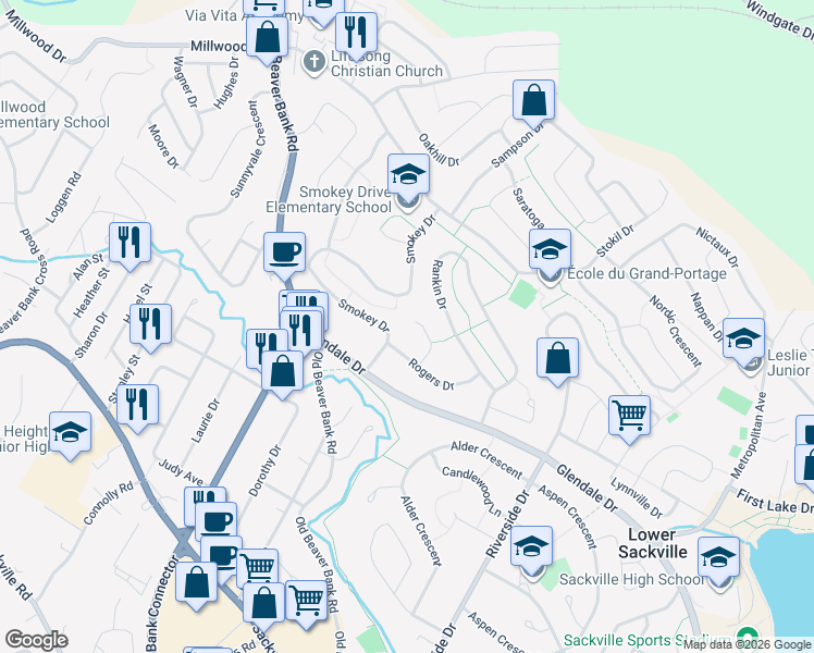 map of restaurants, bars, coffee shops, grocery stores, and more near 38 Howland Court in Lower Sackville