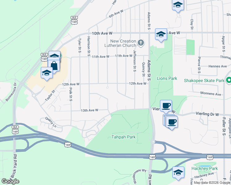 map of restaurants, bars, coffee shops, grocery stores, and more near 1232 Monroe Street South in Shakopee