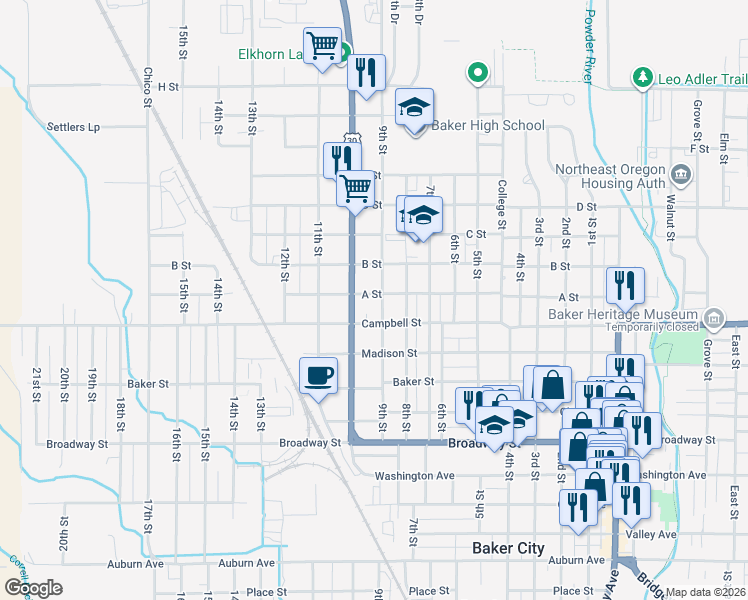 map of restaurants, bars, coffee shops, grocery stores, and more near 2539 9th Street in Baker City