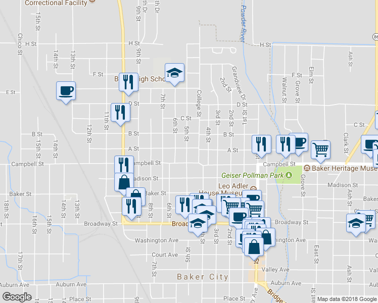 map of restaurants, bars, coffee shops, grocery stores, and more near 2536 5th Street in Baker City