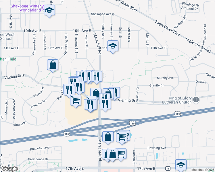 map of restaurants, bars, coffee shops, grocery stores, and more near 1204 Ramsey Street in Shakopee