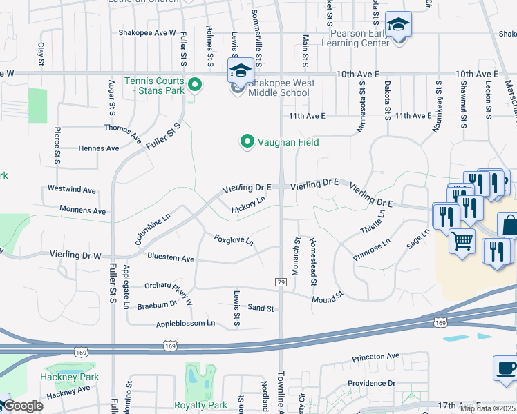 map of restaurants, bars, coffee shops, grocery stores, and more near 304 Hickory Lane in Shakopee