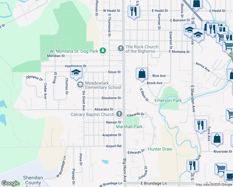 map of restaurants, bars, coffee shops, grocery stores, and more near 1453 Warren Ave in Sheridan