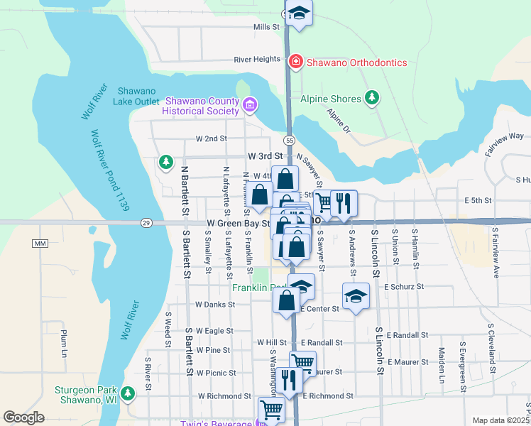 map of restaurants, bars, coffee shops, grocery stores, and more near 111 North Washington Street in Shawano