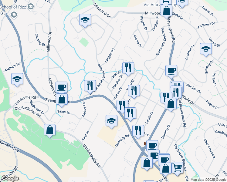 map of restaurants, bars, coffee shops, grocery stores, and more near 5 Heather Street in Middle Sackville