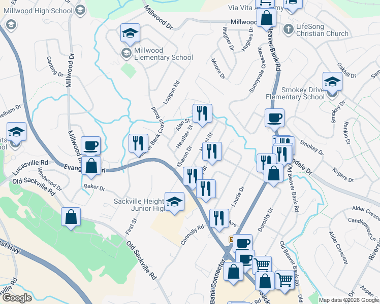 map of restaurants, bars, coffee shops, grocery stores, and more near 19 Sharon Drive in Middle Sackville