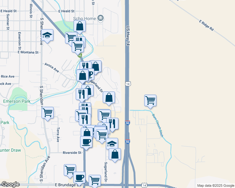 map of restaurants, bars, coffee shops, grocery stores, and more near 1445 Sugarview Drive in Sheridan