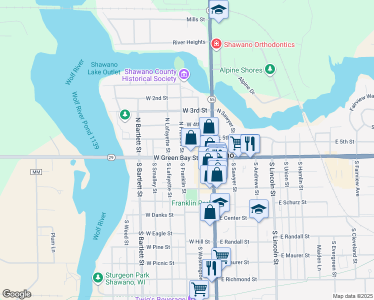 map of restaurants, bars, coffee shops, grocery stores, and more near 111 North Washington Street in Shawano