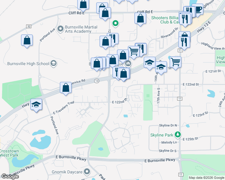 map of restaurants, bars, coffee shops, grocery stores, and more near 12214 River Valley Drive in Burnsville