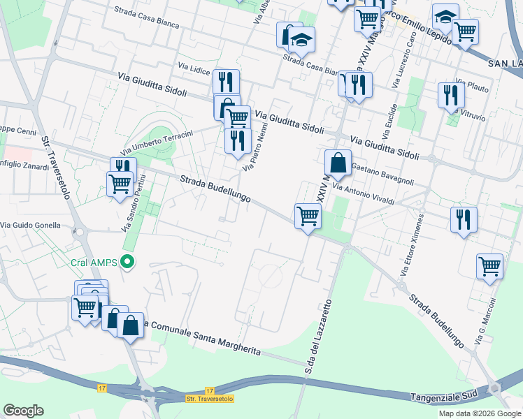 map of restaurants, bars, coffee shops, grocery stores, and more near 37 Strada Budellungo in Parma
