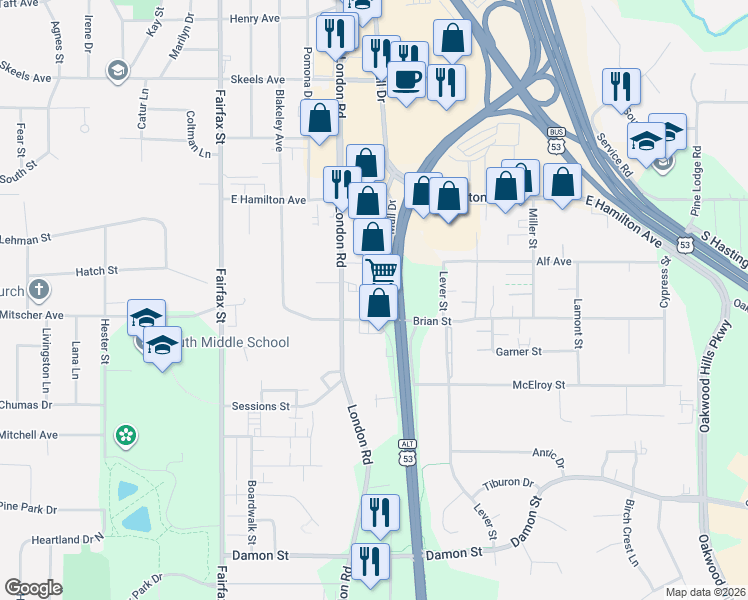 map of restaurants, bars, coffee shops, grocery stores, and more near 3460 Mall Drive in Eau Claire