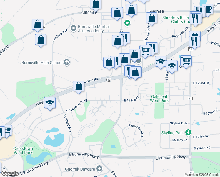 map of restaurants, bars, coffee shops, grocery stores, and more near 12312 Parkwood Drive in Burnsville