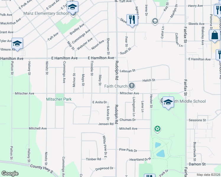 map of restaurants, bars, coffee shops, grocery stores, and more near 3447 Martenson Street in Eau Claire