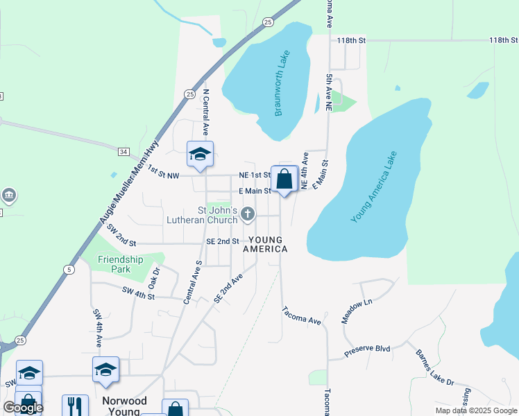 map of restaurants, bars, coffee shops, grocery stores, and more near 20 Southeast 2nd Avenue in Norwood Young America