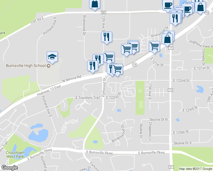 map of restaurants, bars, coffee shops, grocery stores, and more near 12214 River Valley Drive in Burnsville
