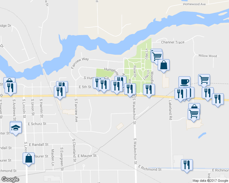 map of restaurants, bars, coffee shops, grocery stores, and more near 1045 East Green Bay Street in Shawano