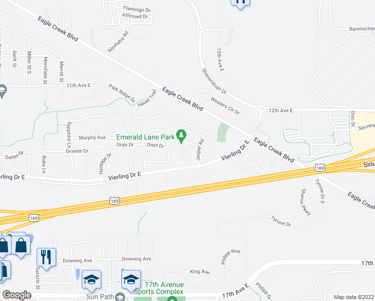 map of restaurants, bars, coffee shops, grocery stores, and more near 1269 Diamond Court in Shakopee