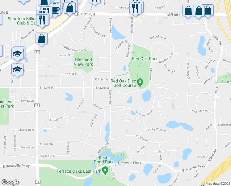 map of restaurants, bars, coffee shops, grocery stores, and more near 2707 River Hills Drive South in Burnsville