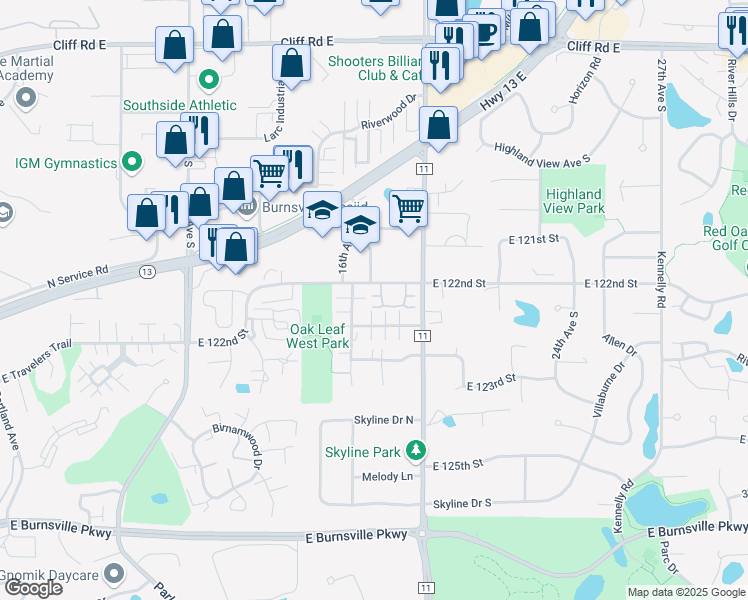 map of restaurants, bars, coffee shops, grocery stores, and more near 1821 East 122nd Street in Burnsville
