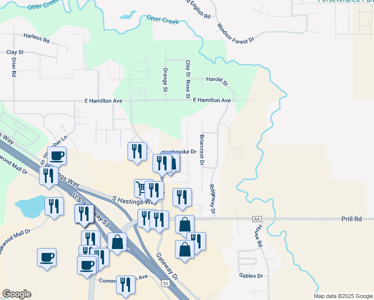 map of restaurants, bars, coffee shops, grocery stores, and more near 3451 East Meadows Place in Eau Claire