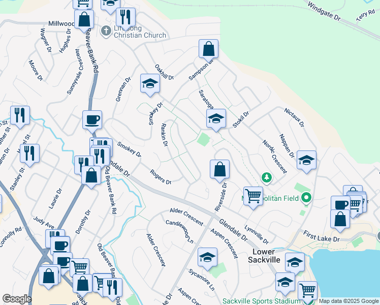 map of restaurants, bars, coffee shops, grocery stores, and more near 79 Rankin Drive in Lower Sackville