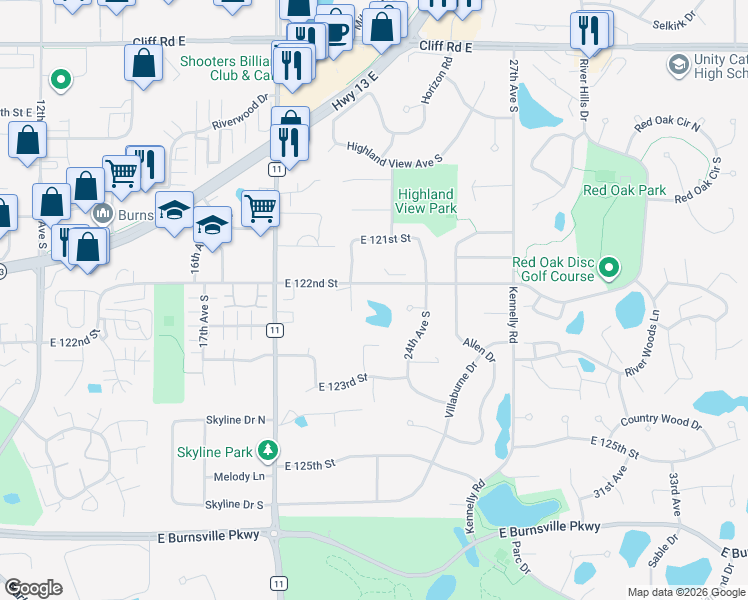 map of restaurants, bars, coffee shops, grocery stores, and more near 2305 East 122nd Street in Burnsville