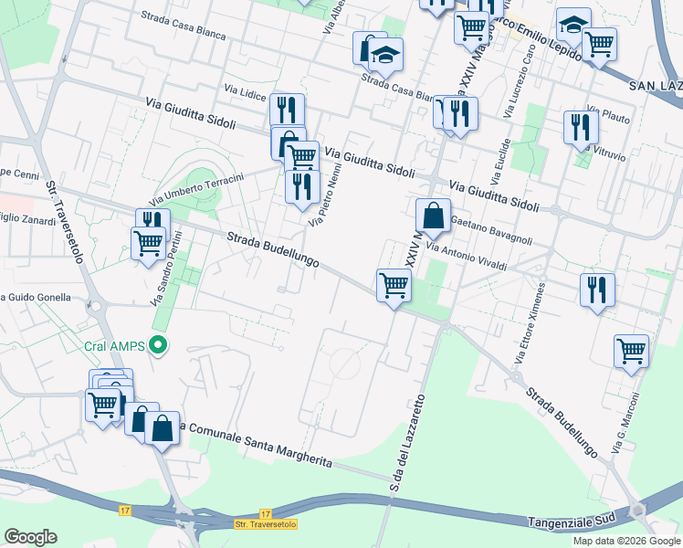 map of restaurants, bars, coffee shops, grocery stores, and more near 37 Strada Budellungo in Parma