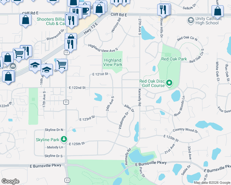 map of restaurants, bars, coffee shops, grocery stores, and more near 12205 24th Avenue South in Burnsville