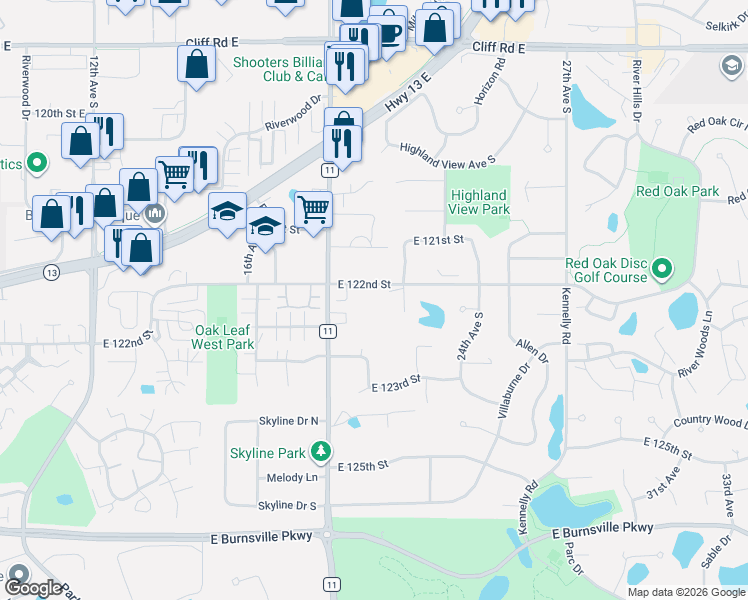 map of restaurants, bars, coffee shops, grocery stores, and more near 2005 East 122nd Street in Burnsville