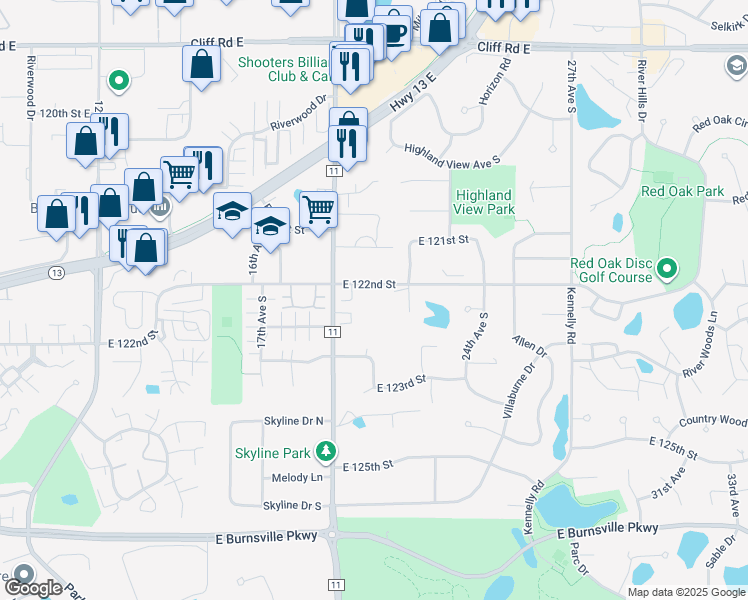 map of restaurants, bars, coffee shops, grocery stores, and more near 2005 East 122nd Street in Burnsville