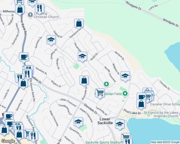 map of restaurants, bars, coffee shops, grocery stores, and more near 1562 Riverside Drive in Lower Sackville