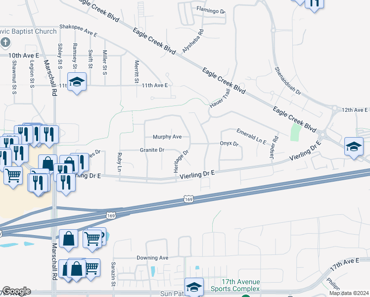 map of restaurants, bars, coffee shops, grocery stores, and more near 1148 Heritage Drive in Shakopee