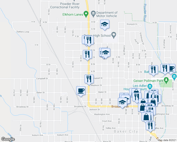 map of restaurants, bars, coffee shops, grocery stores, and more near 2601 La Grande-Baker Highway in Baker City