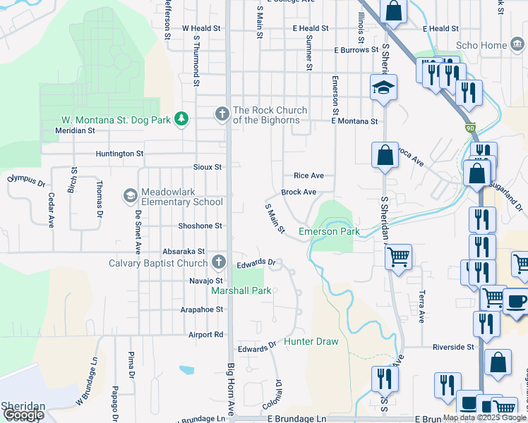 map of restaurants, bars, coffee shops, grocery stores, and more near 1430 South Main Street in Sheridan