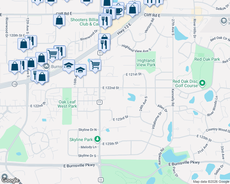 map of restaurants, bars, coffee shops, grocery stores, and more near 2005 East 122nd Street in Burnsville