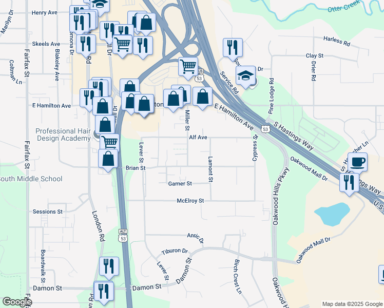 map of restaurants, bars, coffee shops, grocery stores, and more near 3425 Miller Street in Eau Claire