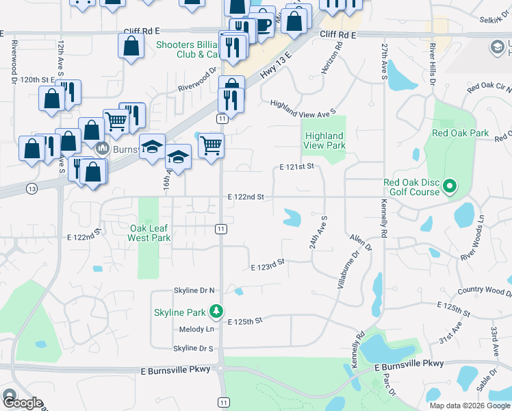 map of restaurants, bars, coffee shops, grocery stores, and more near 2005 East 122nd Street in Burnsville