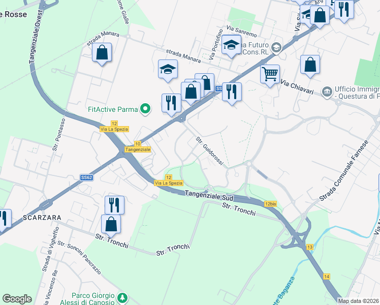map of restaurants, bars, coffee shops, grocery stores, and more near 13 Via Nicola Calipari in Parma