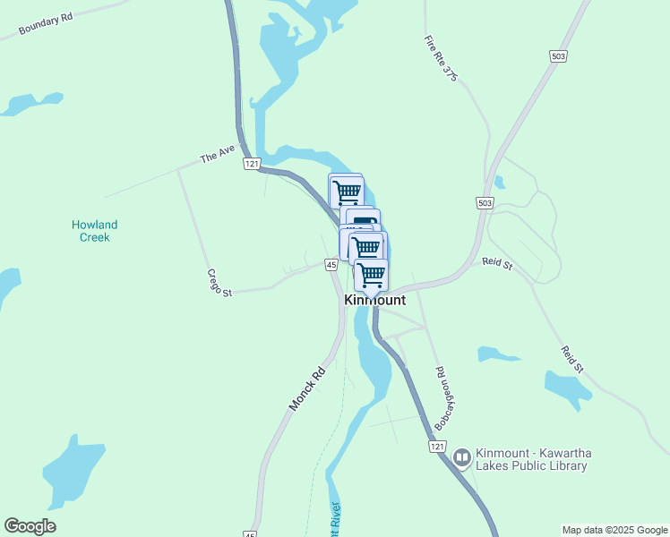 map of restaurants, bars, coffee shops, grocery stores, and more near 4990 Monck Road in Kinmount