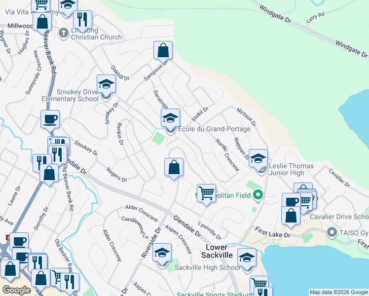 map of restaurants, bars, coffee shops, grocery stores, and more near 1558 Riverside Drive in Lower Sackville